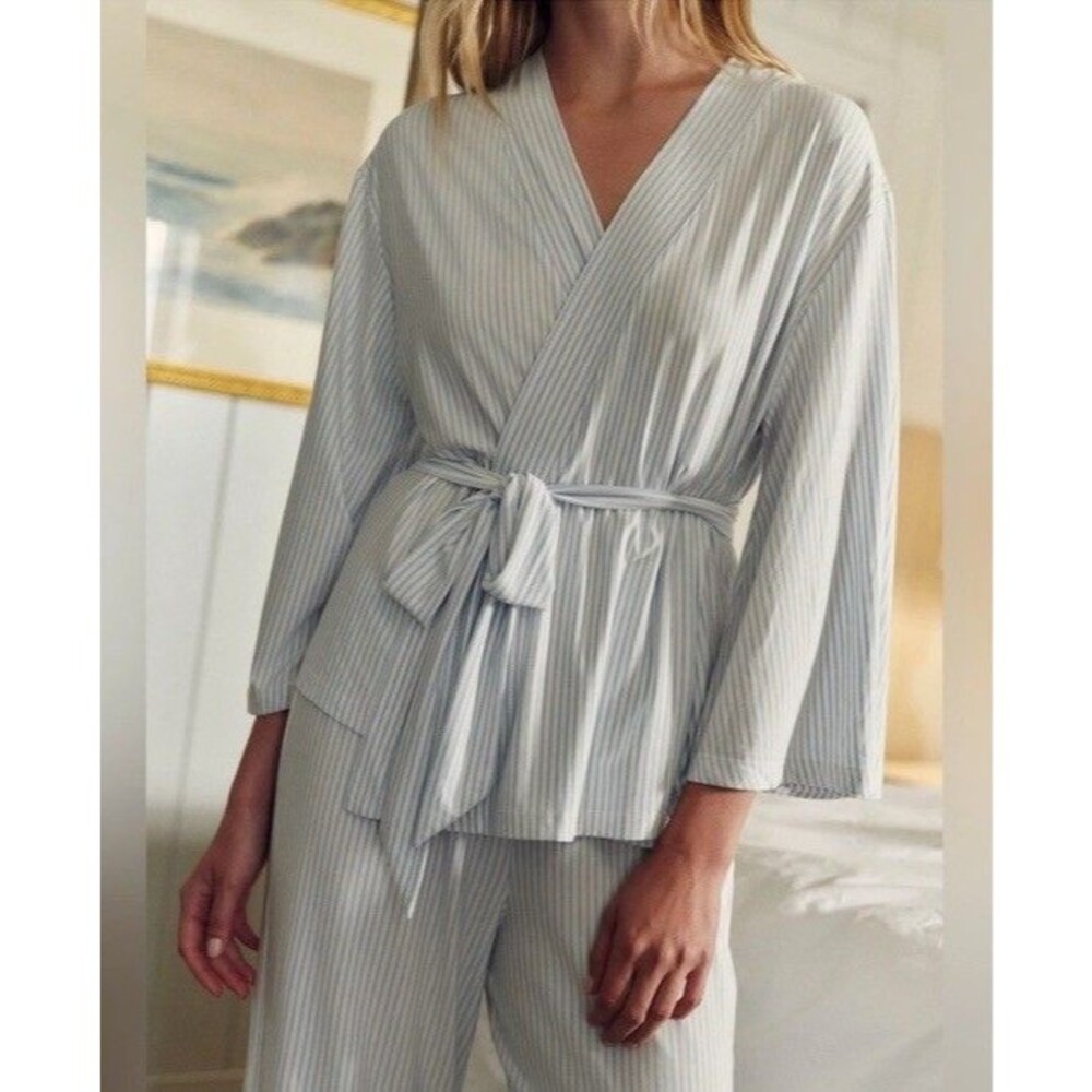 LAKE Dream Modal Kimono Wrap Pajama Top Blue White Stripe Sleepwear Soft Size S